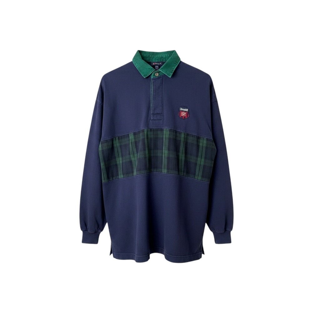 Gant Rugger Vintage Navy Blue Plaid Flannel Panel Polo Shirt XL Green Corduroy